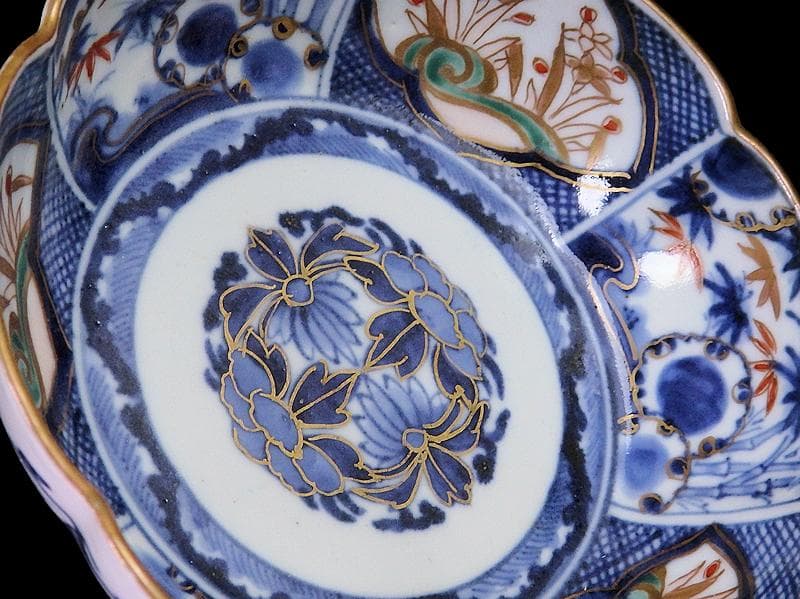 古伊万里　染錦　窓絵　雪輪に笹　花の図　膾皿　江戸期　C744AS-fbtv