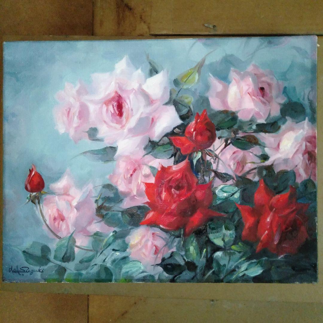 鈴木政輝　「ばら」　美術年鑑画家　油彩画　 金色額縁付き　F6号　箱付き