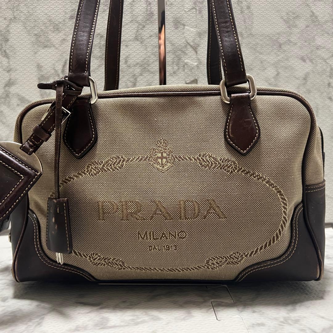 プラダ ロゴジャガード ミニボストン ハンドバッグ キャンバス レザー ベージュ