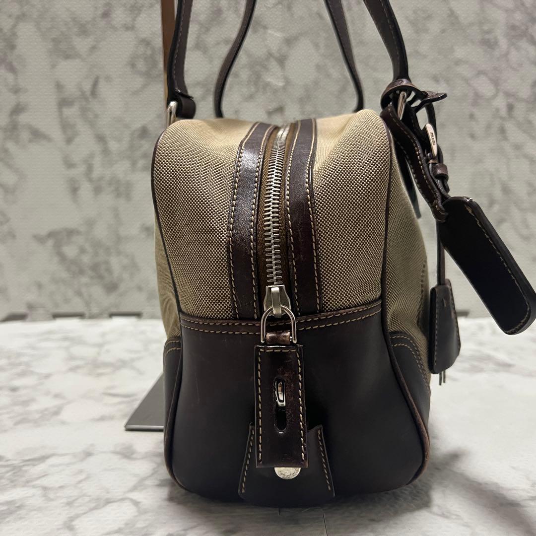 プラダ ロゴジャガード ミニボストン ハンドバッグ キャンバス レザー ベージュ