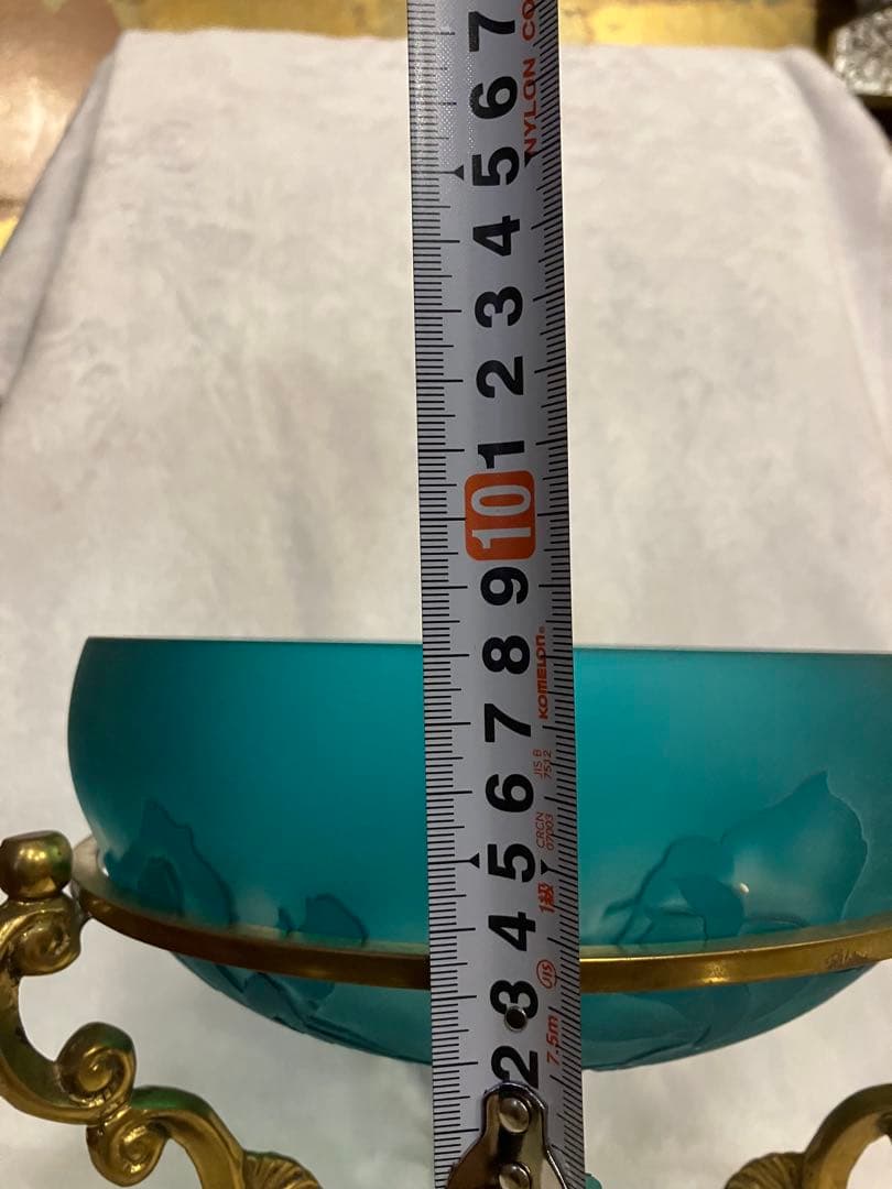 青色ガラスボウル 金属スタンド付き