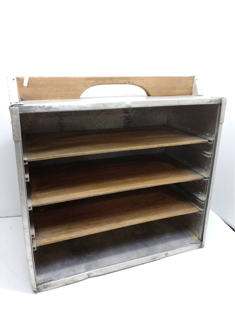 G2130【昭和レトロ】出前用 アルミ製 おかもち (木製棚/持ち手付き)