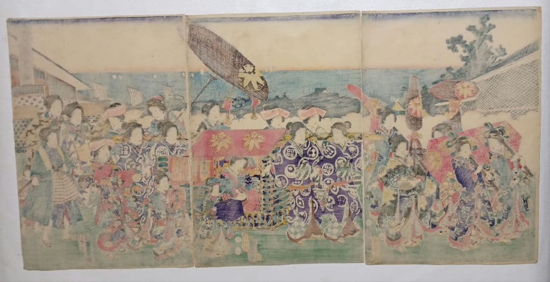 浮世絵版画東都霞ガ関乃圖三枚綴り香蝶楼国貞画（二代国貞四代豊国)安政4年出版