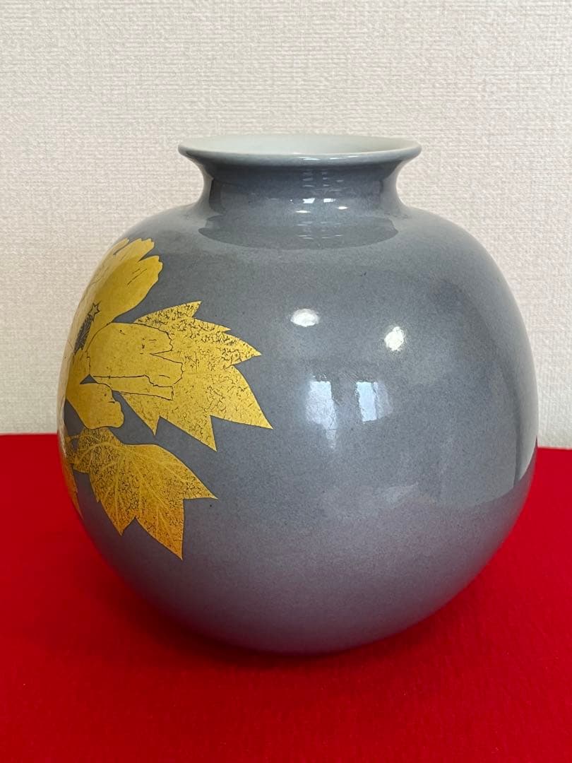 【珍色】 人間国宝 吉田美統『釉裏金彩 芙蓉文 花瓶』Y30 本物保証