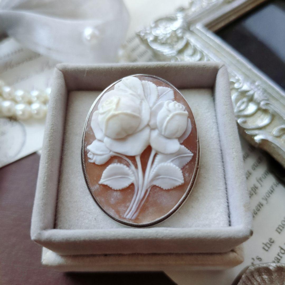ITALY SILVER900 シェルカメオ ローズ ブローチ ペンダント 薔薇