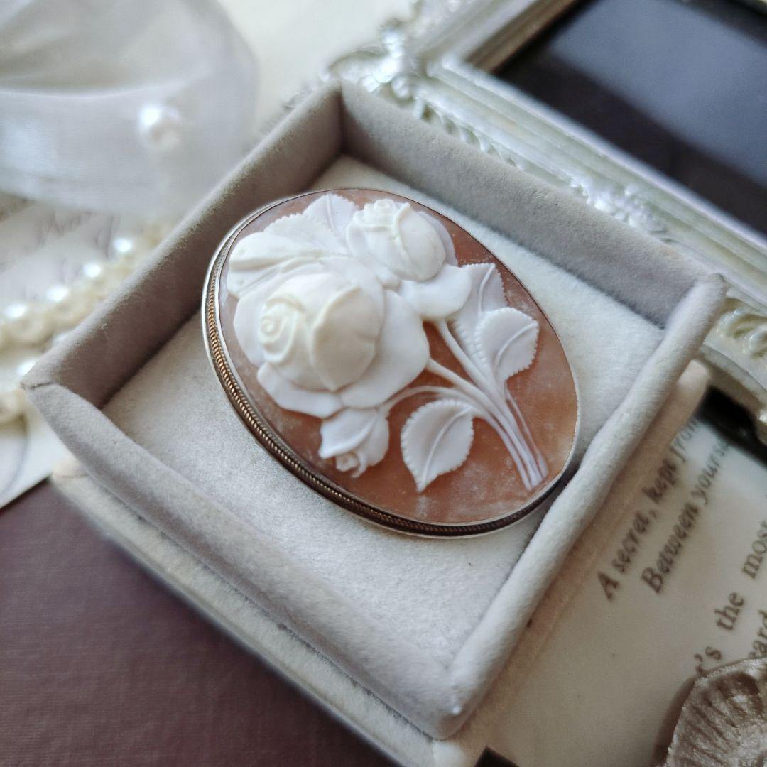 ITALY SILVER900 シェルカメオ ローズ ブローチ ペンダント 薔薇