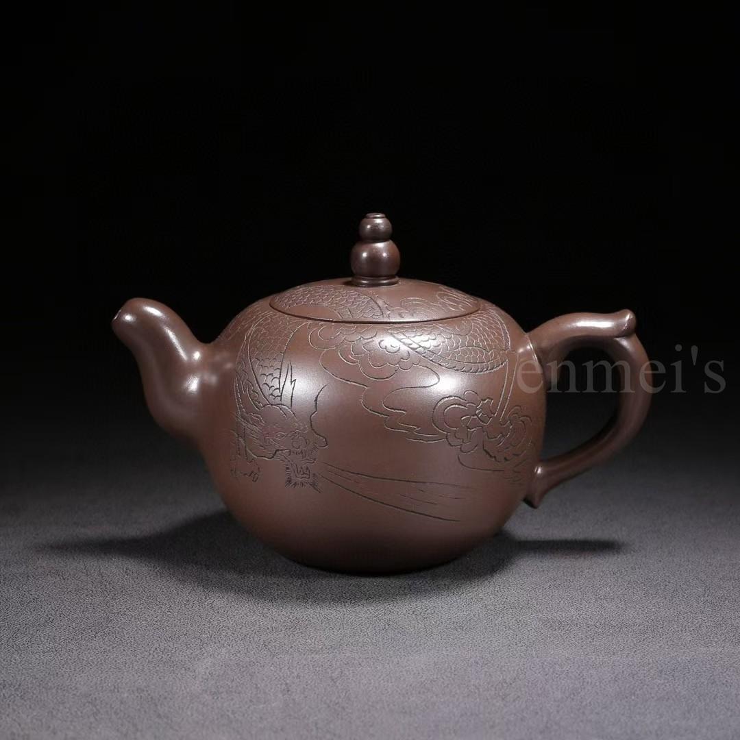 中国古美術・原鉱紫泥一粒珠紫砂壺・底款：自怡軒 蓋款：顧景洲・紫砂・茶壺・茶道具