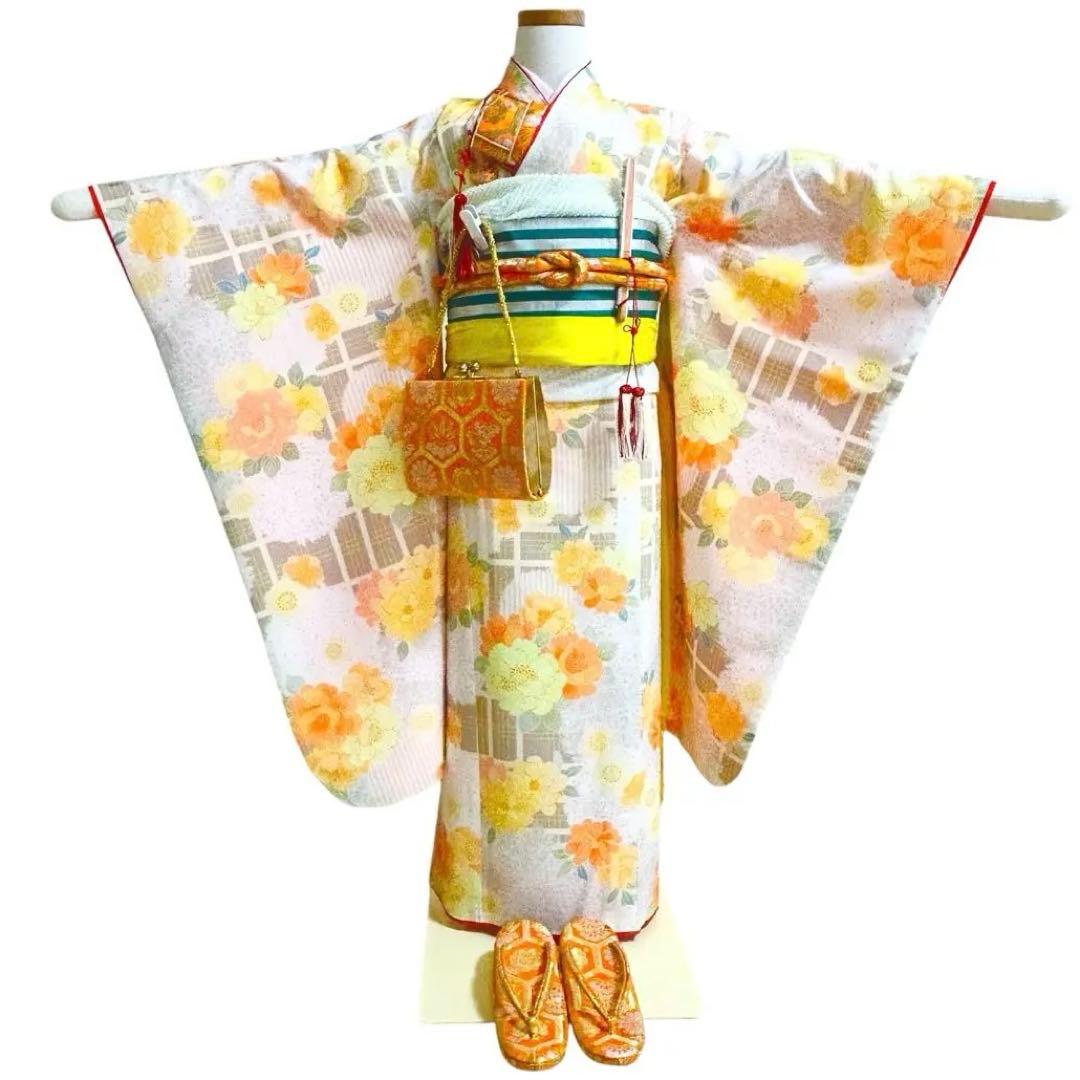 着物　七五三　7歳　女の子　13点　フルセット　オレンジ　グレージュ　格子　花文