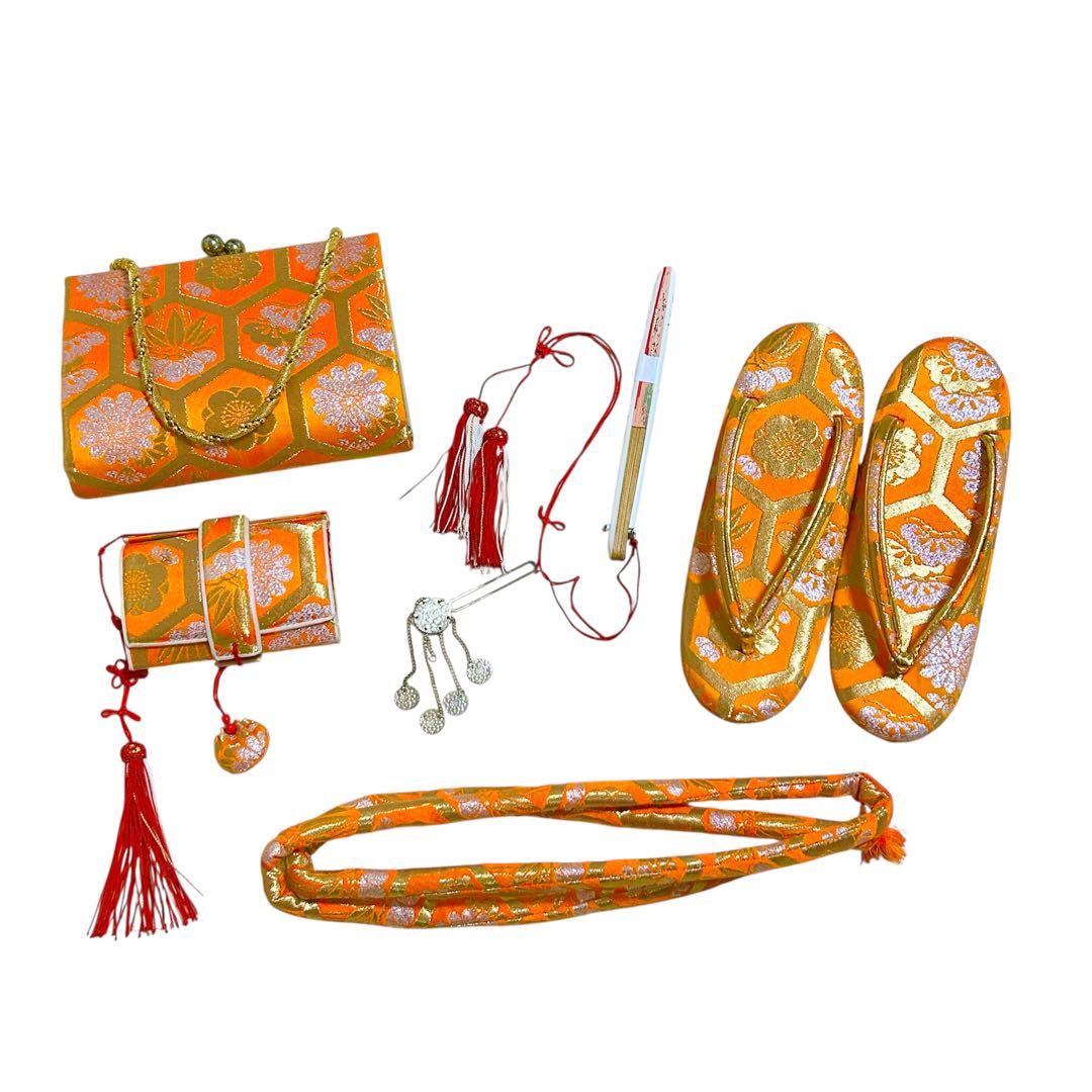 着物　七五三　7歳　女の子　13点　フルセット　オレンジ　グレージュ　格子　花文