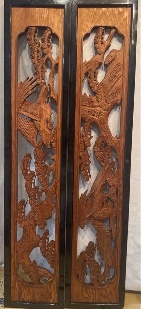 欄間 木彫り 彫刻 二枚組　松と鷲アンティーク
