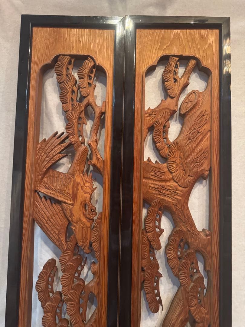 欄間 木彫り 彫刻 二枚組　松と鷲アンティーク