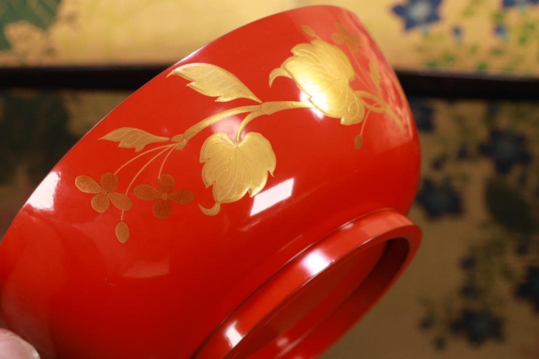 BK128　時代輪島塗　草花図金蒔絵　吸物椀　五客　木製　茶道具 懐石 菓子