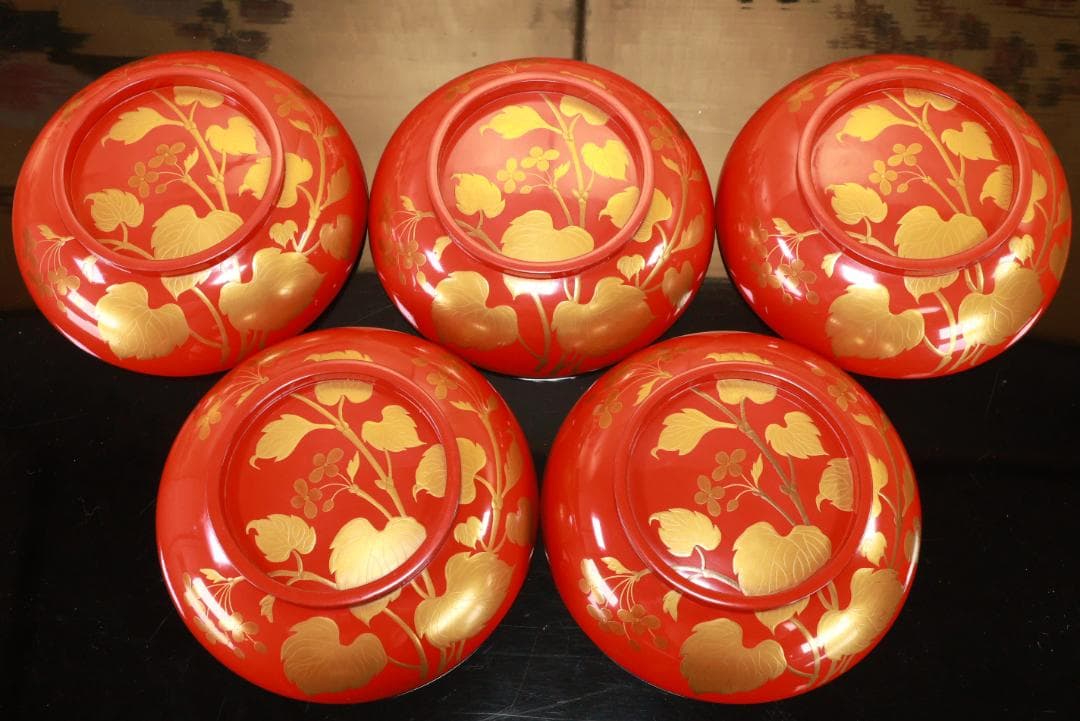 BK128　時代輪島塗　草花図金蒔絵　吸物椀　五客　木製　茶道具 懐石 菓子