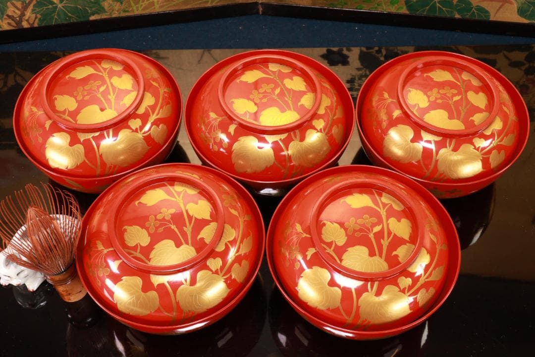 BK128　時代輪島塗　草花図金蒔絵　吸物椀　五客　木製　茶道具 懐石 菓子