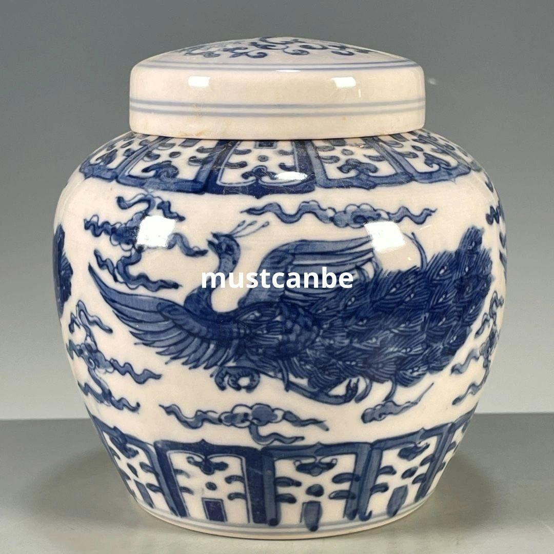 青花釉下彩青花鳳紋壺 景徳鎮 陶磁器 装飾品 現代工芸品 美術品 置物