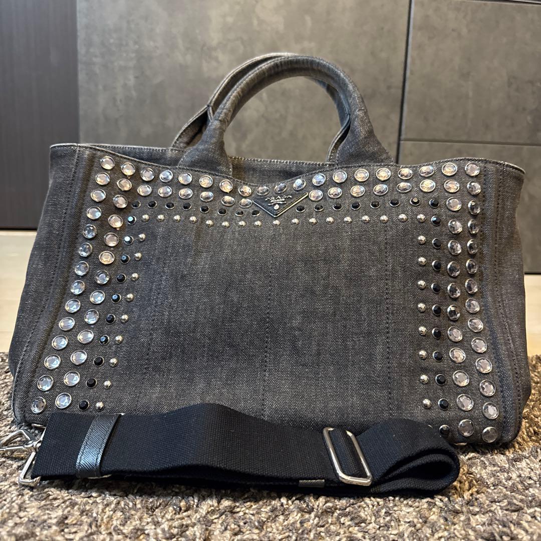 PRADA スタッズ付きデニムハンドバッグ　カナパ