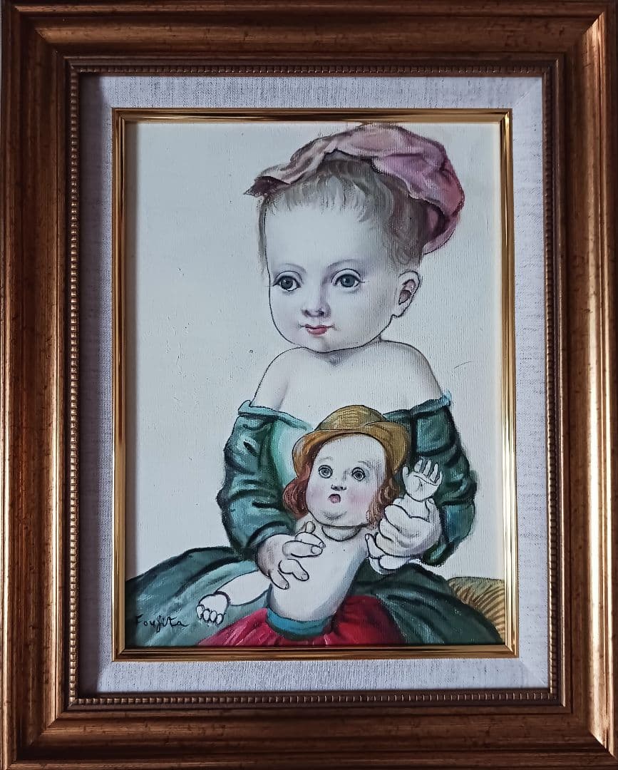 藤田嗣治「人形と少女」油彩 F4号 肉筆 サインあり