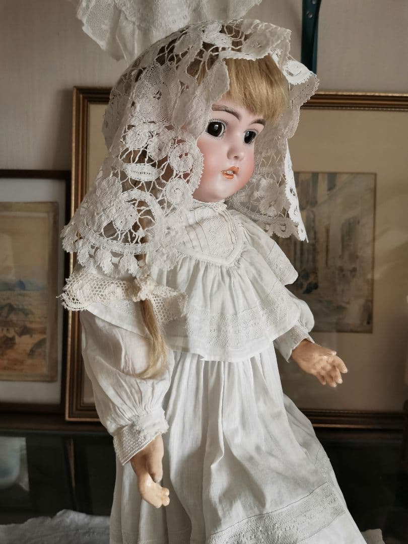 アンティーク ベルギーブルージュ ボビンレース ボネ リネンキャップ 三つ葉☘