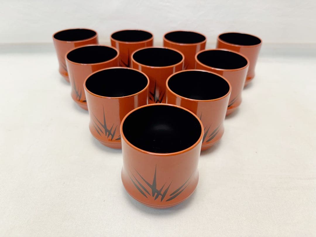 ほぼ未使用 懐石道具 朱塗 竹形黒竹蒔絵 箸洗い 十客組 内黒 小吸物椀 元箱