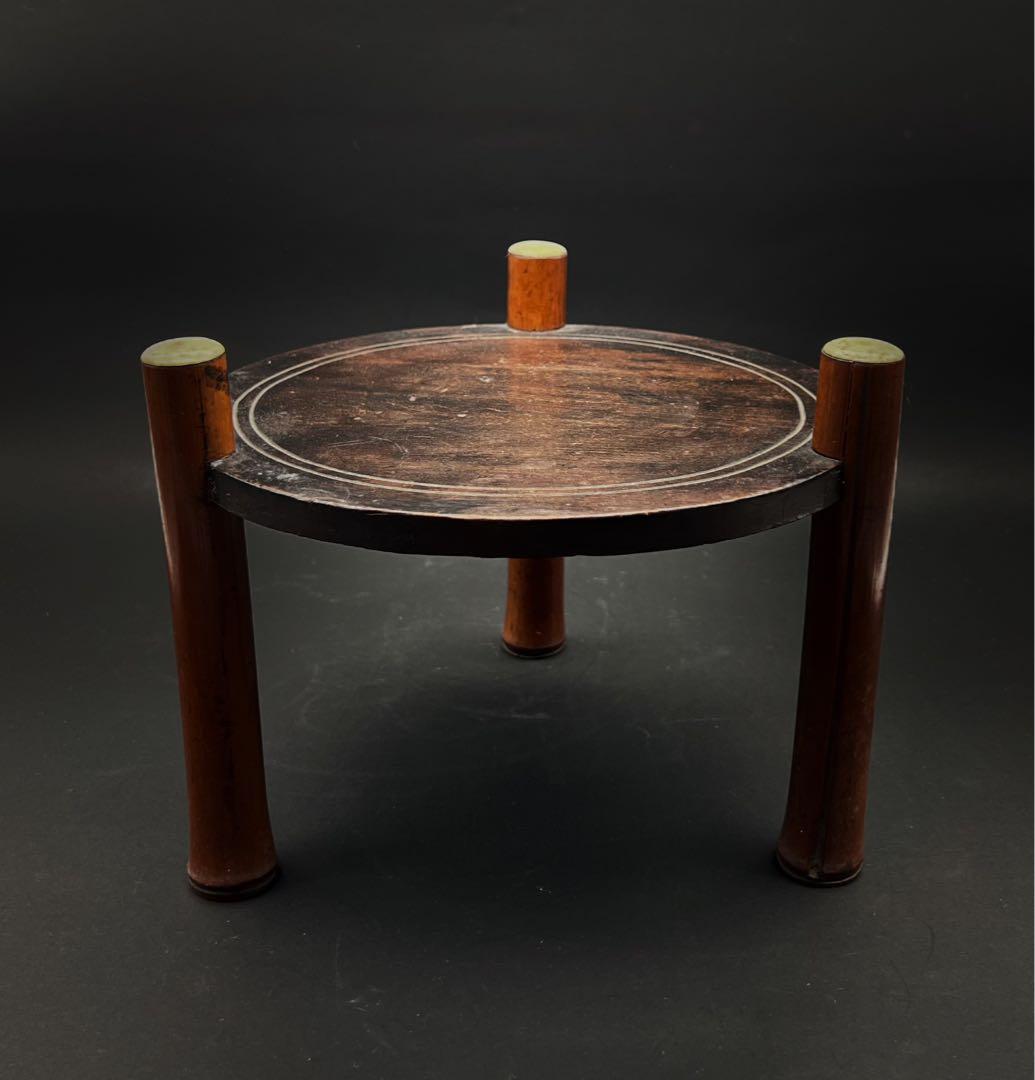 唐木 竹製 骨嵌 三足丸花台 古道具