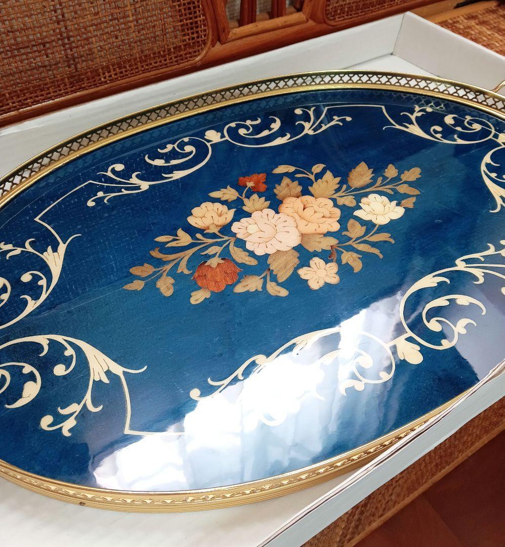 青い花柄の楕円形トレイ おぼん