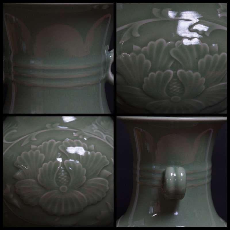 大正期平安三国丹祐作 青磁浮彫『牡丹唐草文』大型飾壺 花瓶 双環耳 高32.5㎝