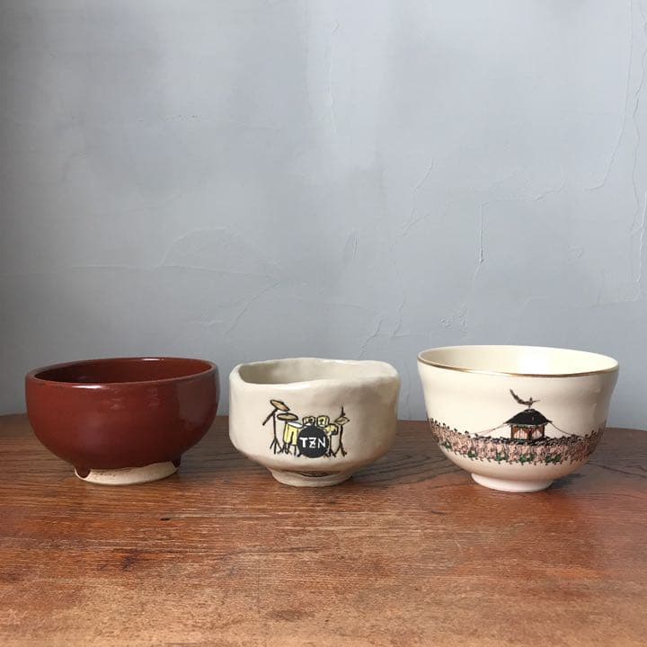 妻の作った 抹茶茶碗 ドラムセット ドラムスティック 陶芸 手びねり