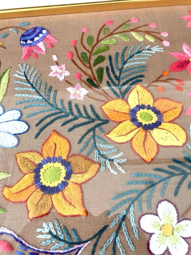 美品　戸塚刺繍　戸塚きく　初代作品　額　花　鳥　モダン