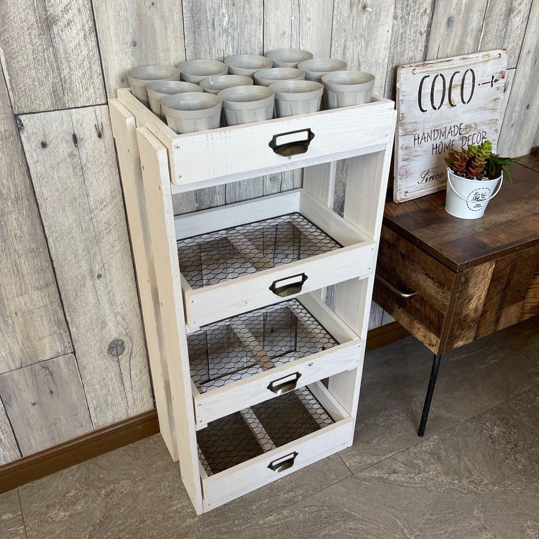 ホワイト　4段　引き出し　ウッドシェルフ　ハンドメイド　家具