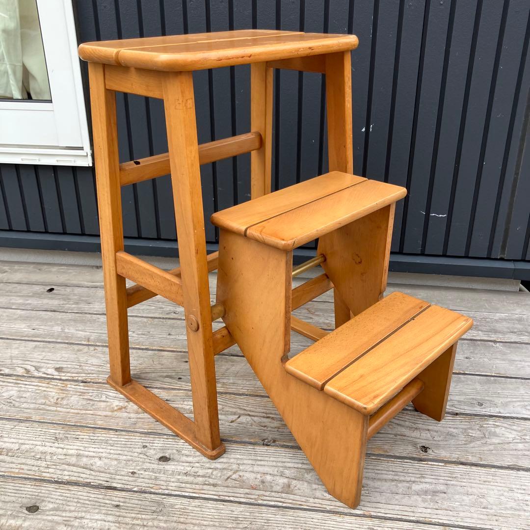 昭和レトロ 格納式 3段 木製階段脚立 踏み台 ステップスツール 飾り棚 花台