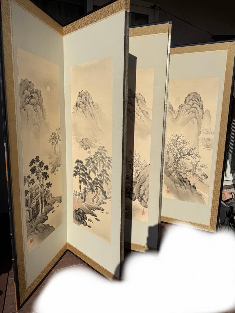 山水　屏風　昭和レトロ 水墨画 衝立 アンティーク　引き取り手渡