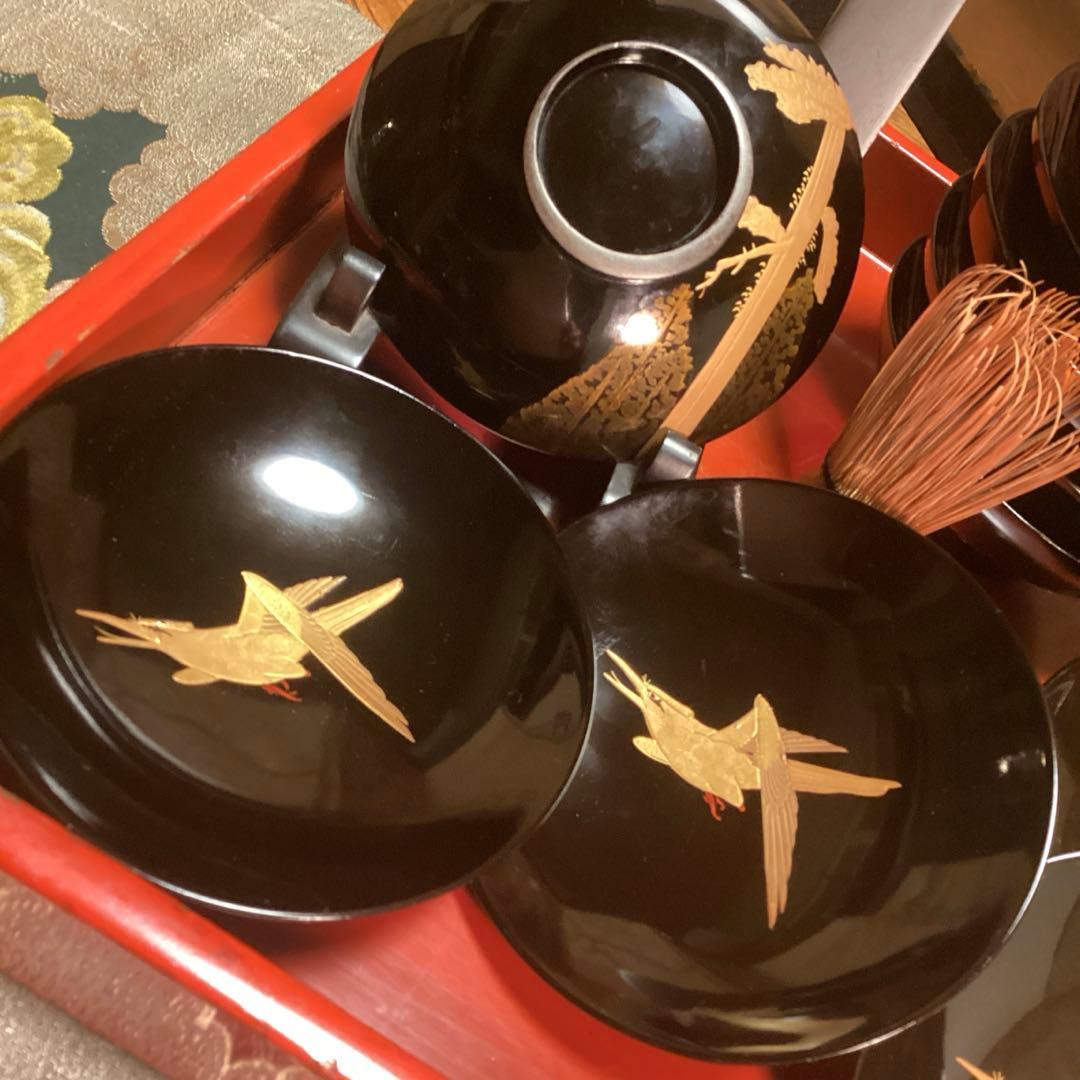 A915 木製輪島塗　黒塗　月に時鳥（ホトトギス）蒔絵　5客