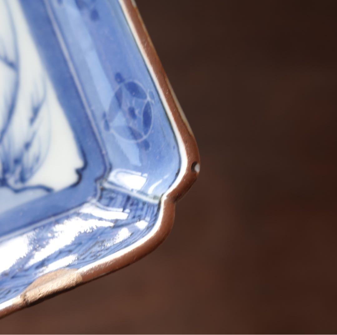 江戸時代　前期　古伊万里　藍九谷　柳下　白鷺文　角皿　隅落し　平向付　食器　②