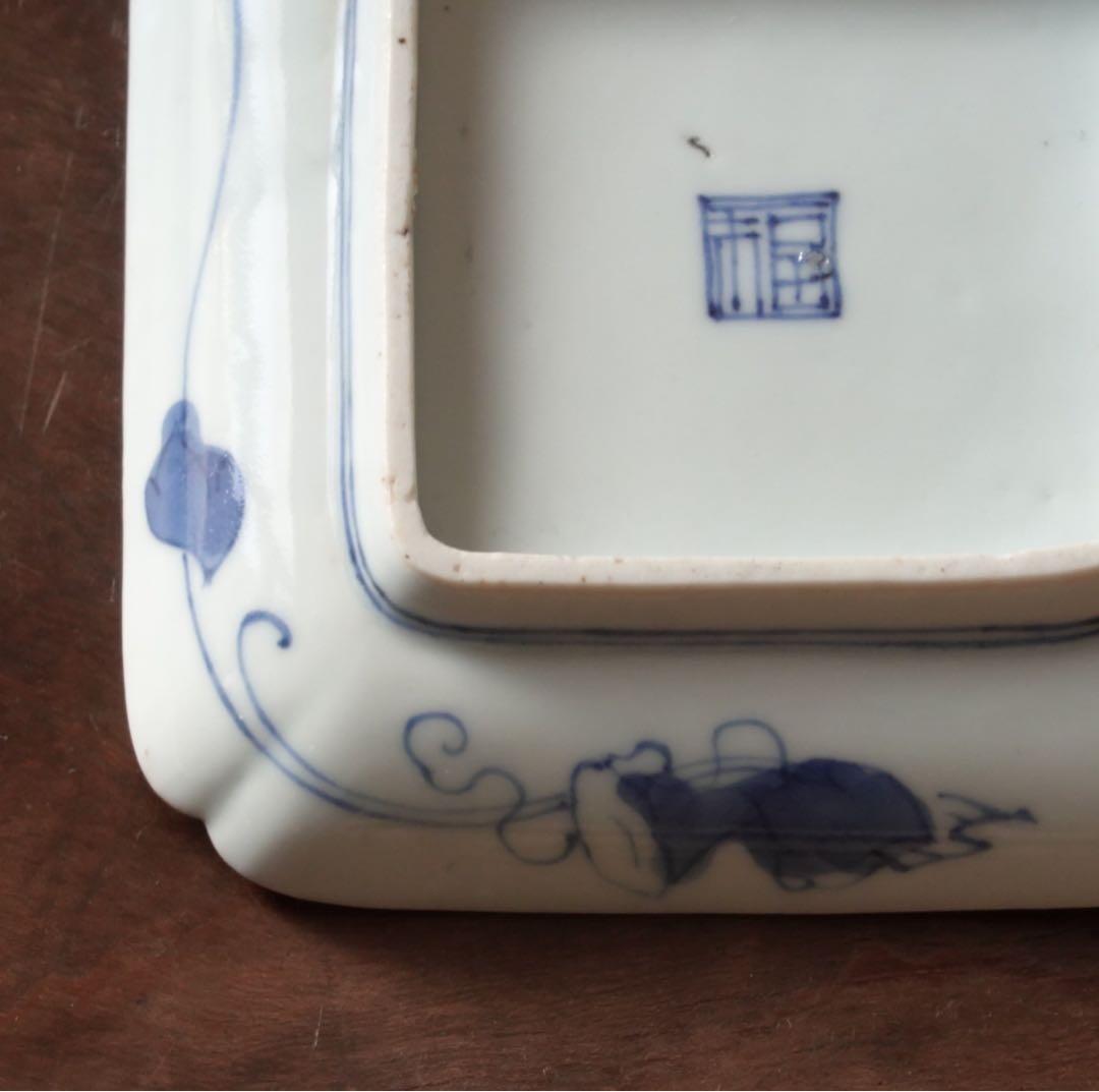 江戸時代　前期　古伊万里　藍九谷　柳下　白鷺文　角皿　隅落し　平向付　食器　②