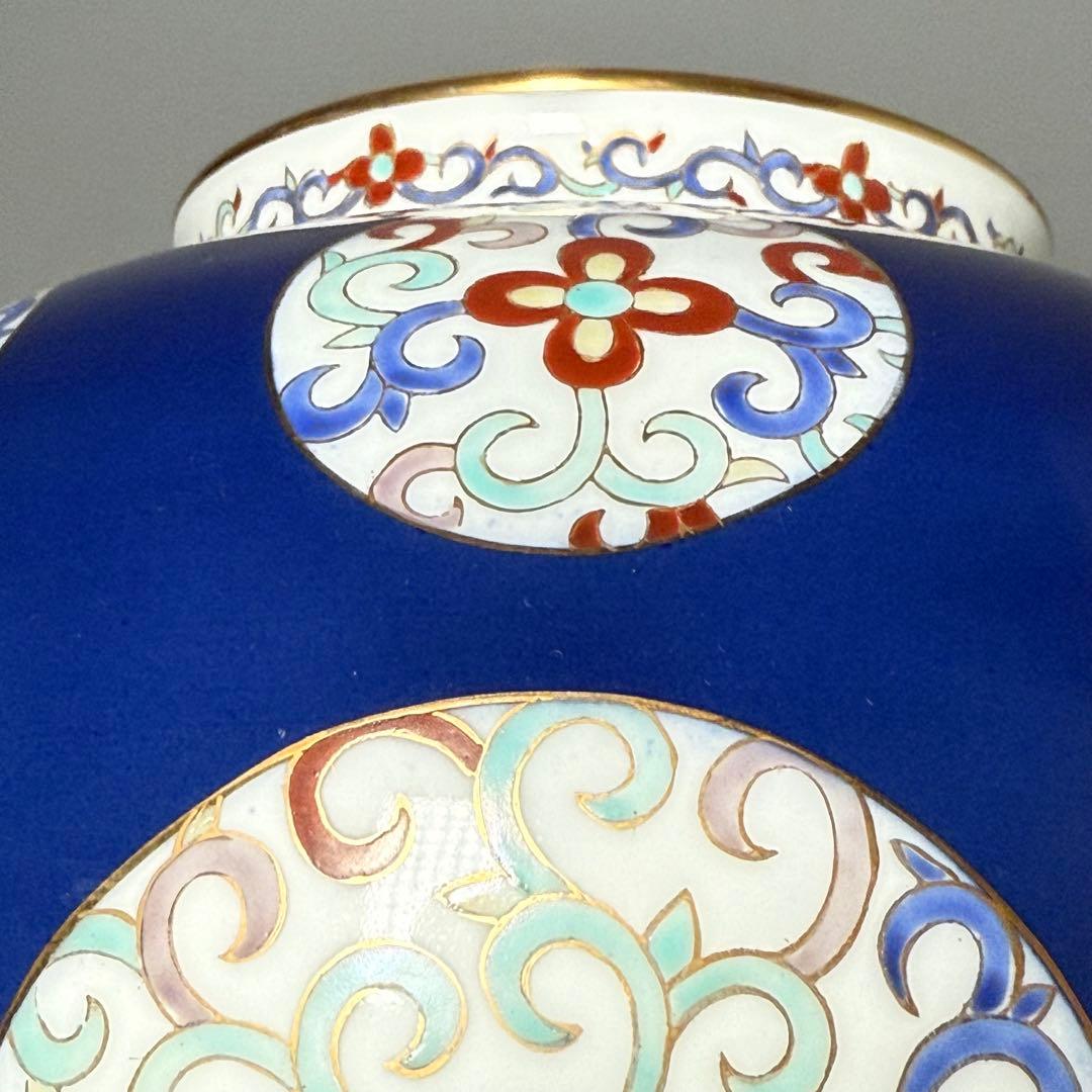 オールド香蘭社　昭和10年頃　色絵丸文様花瓶　鮮やかな香蘭社ブルー　里帰り品