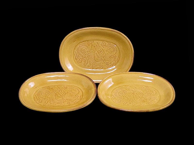 珉平焼　淡路焼　小判形　龍紋の図 陰刻　手塩皿　３枚　D022AS-fbtj