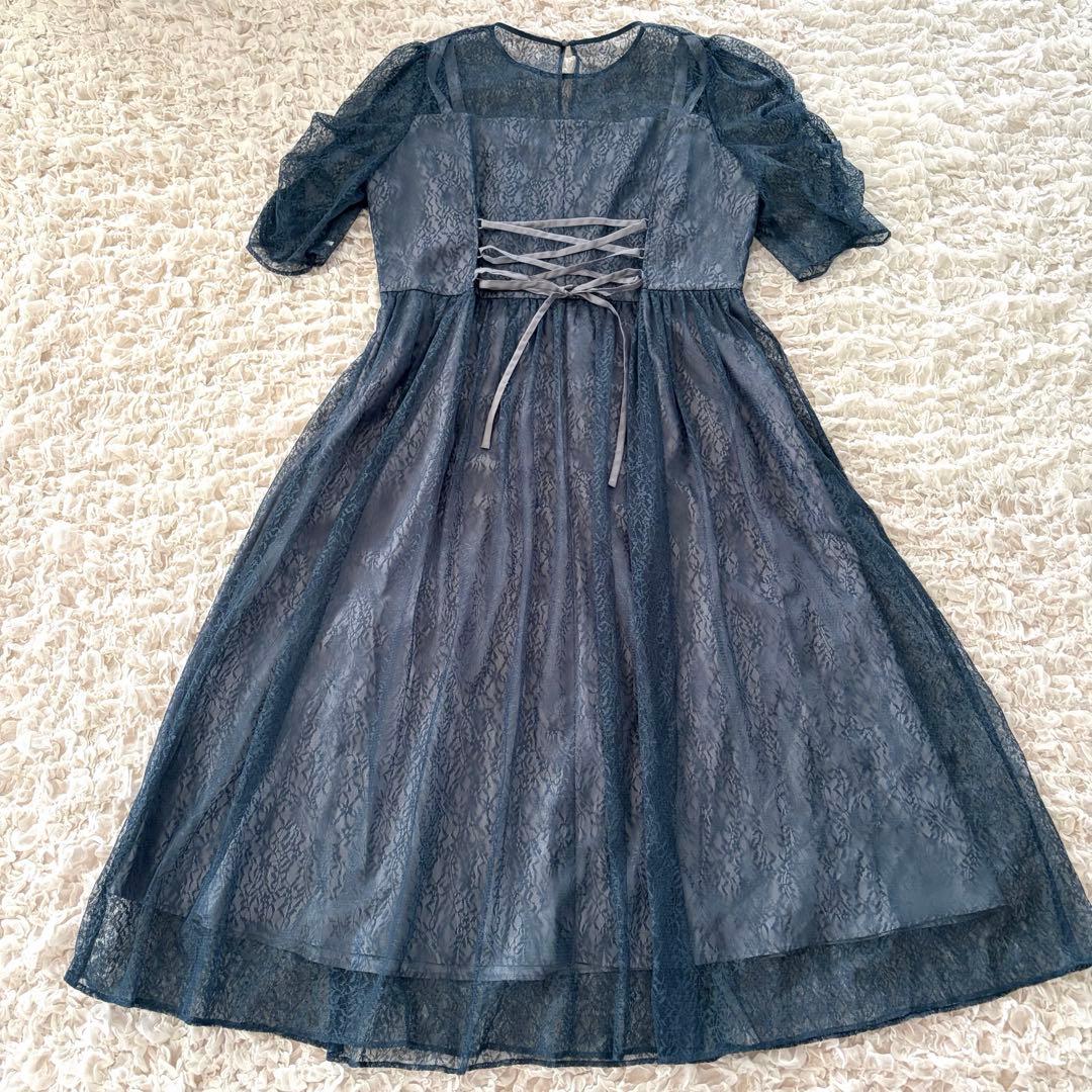 AIMER エメ　ギャザースリーブレースアップドレス　XL LL ブルー 大きい