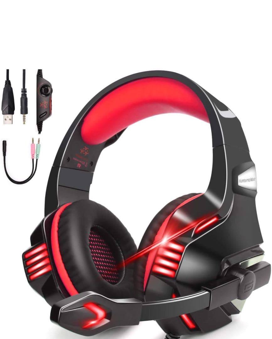 Hunterspider ゲーミングヘッドセット 重低音強化 LEDマイク付き