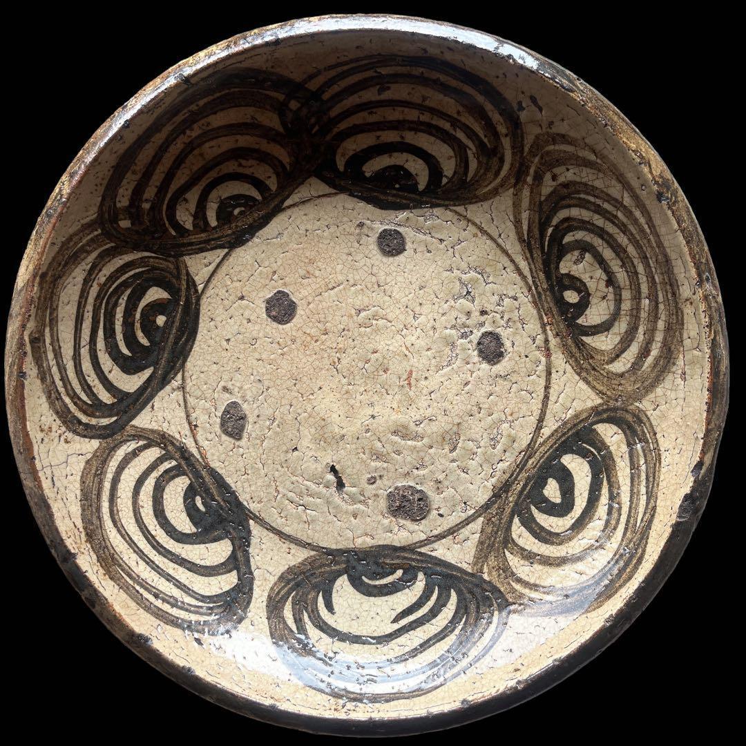 馬の目皿 石皿 古瀬戸 幕末 皿 古丹波 馬の目皿 鉄絵 白化粧 渦巻文 大皿