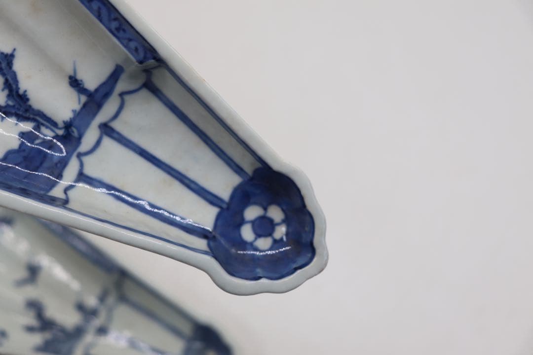 古染　三足付　末広向付　山水人物紋　送料込み250214