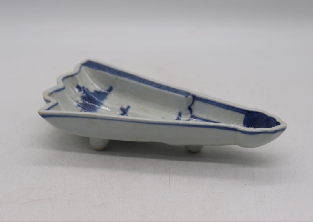 古染　三足付　末広向付　山水人物紋　送料込み250214