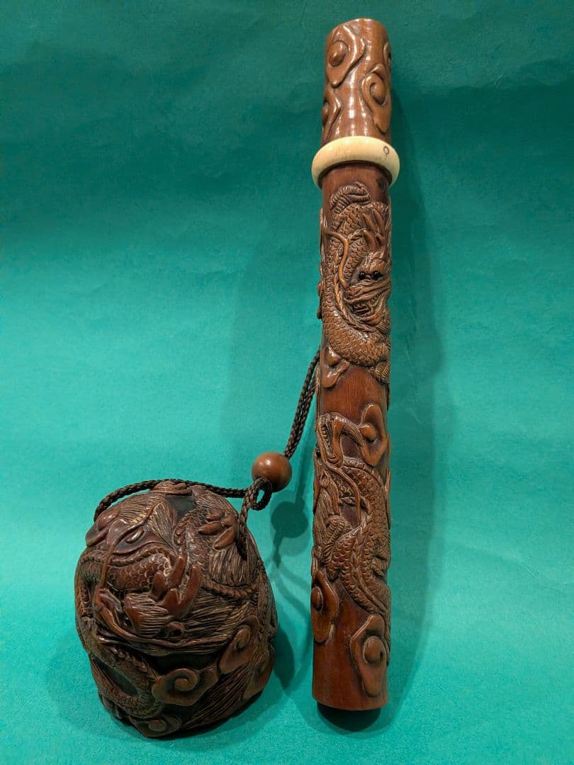 双龍彫刻 柘植製矢立、墨入れセットA3、日本製携帯用墨壺と筆入れセット、希少品、