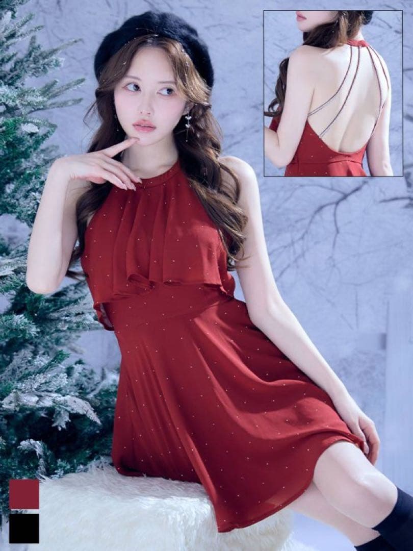 ホルターネックバックビジューフレアミニドレス