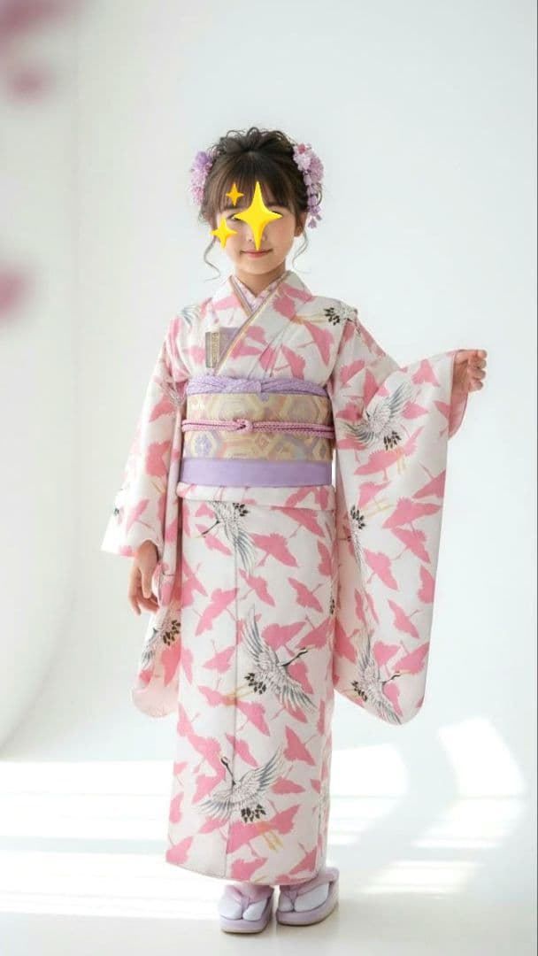 7歳　ぷちぷり白ピンク飛鶴　七五三　お着物・帯セット