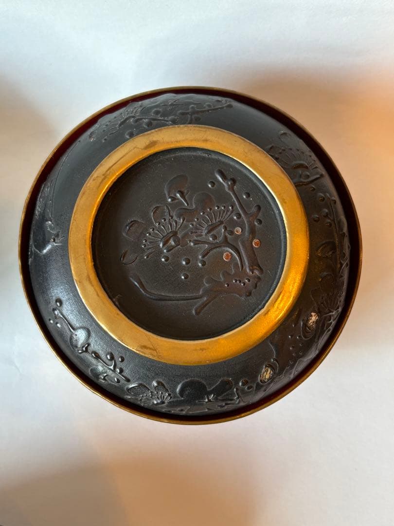 明治　大正期　会津塗　鉄錆塗　蒔絵　富士山　木製　蓋付き　お椀　梅鶯　内朱　5客