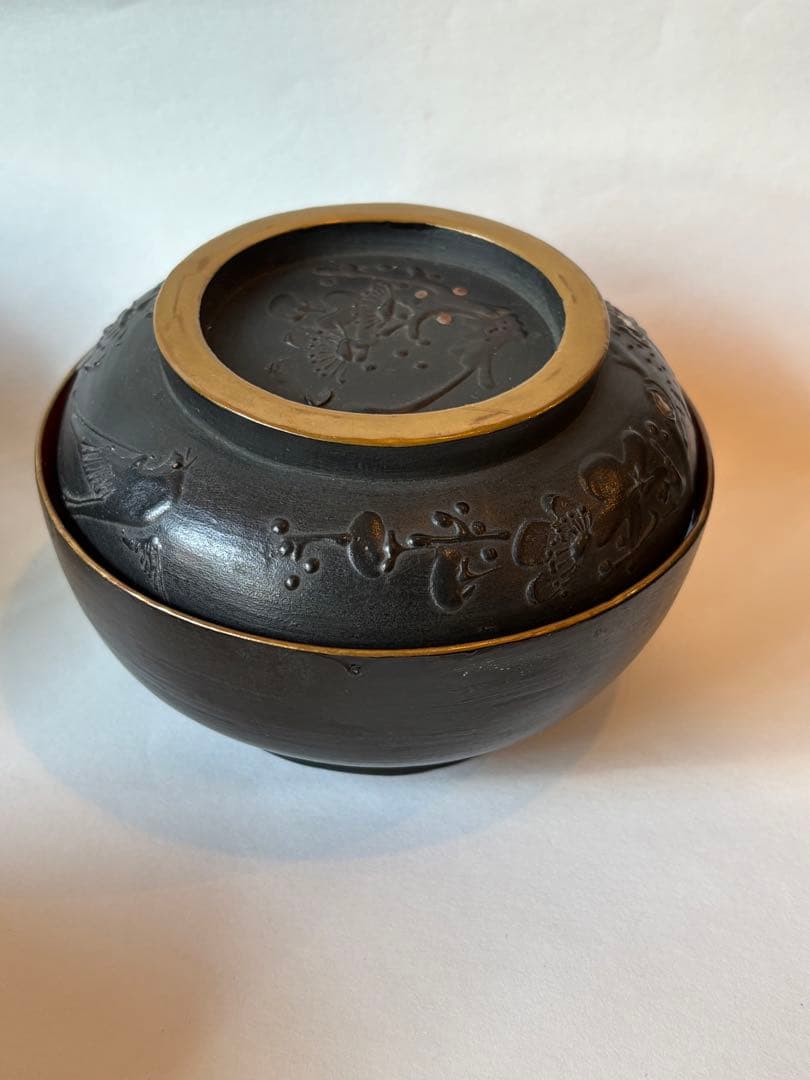 明治　大正期　会津塗　鉄錆塗　蒔絵　富士山　木製　蓋付き　お椀　梅鶯　内朱　5客