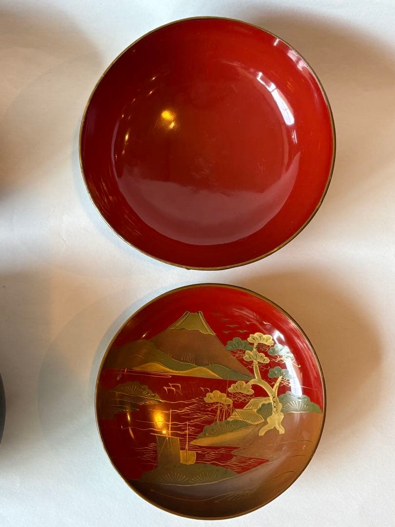 明治　大正期　会津塗　鉄錆塗　蒔絵　富士山　木製　蓋付き　お椀　梅鶯　内朱　5客