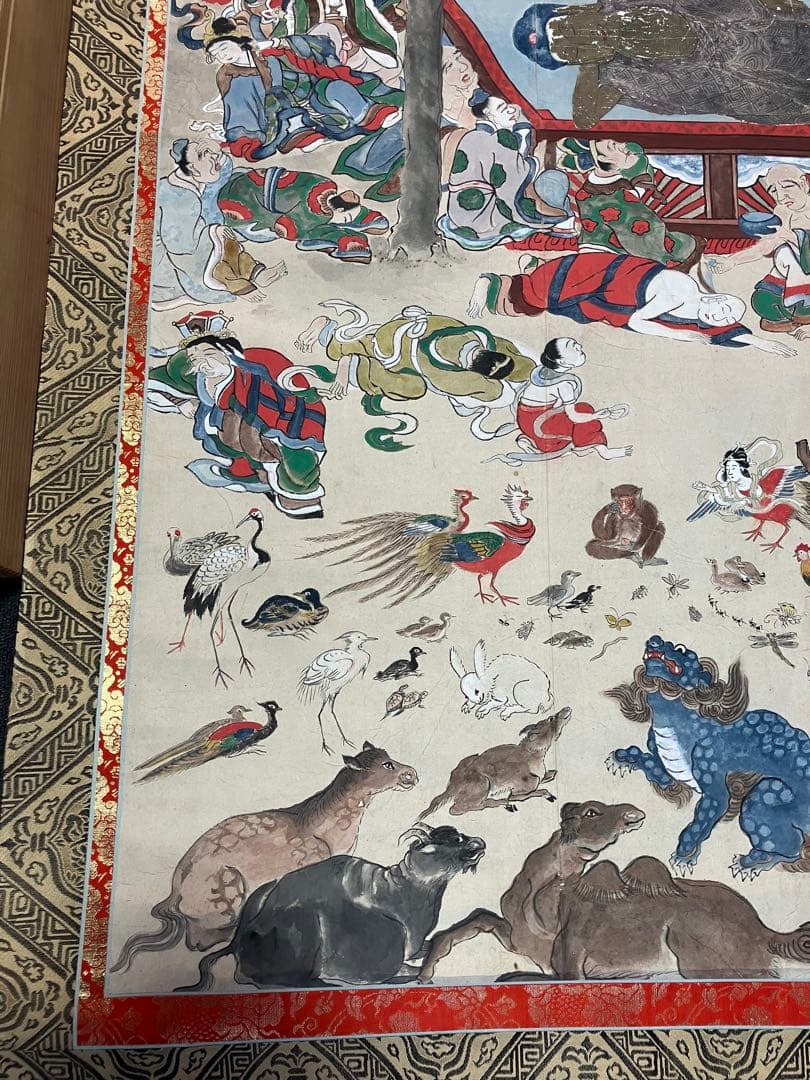 掛軸 釈迦涅槃図 大幅軸 紙本 彩色 仏画 仏教美術 年代物 時代物 合箱