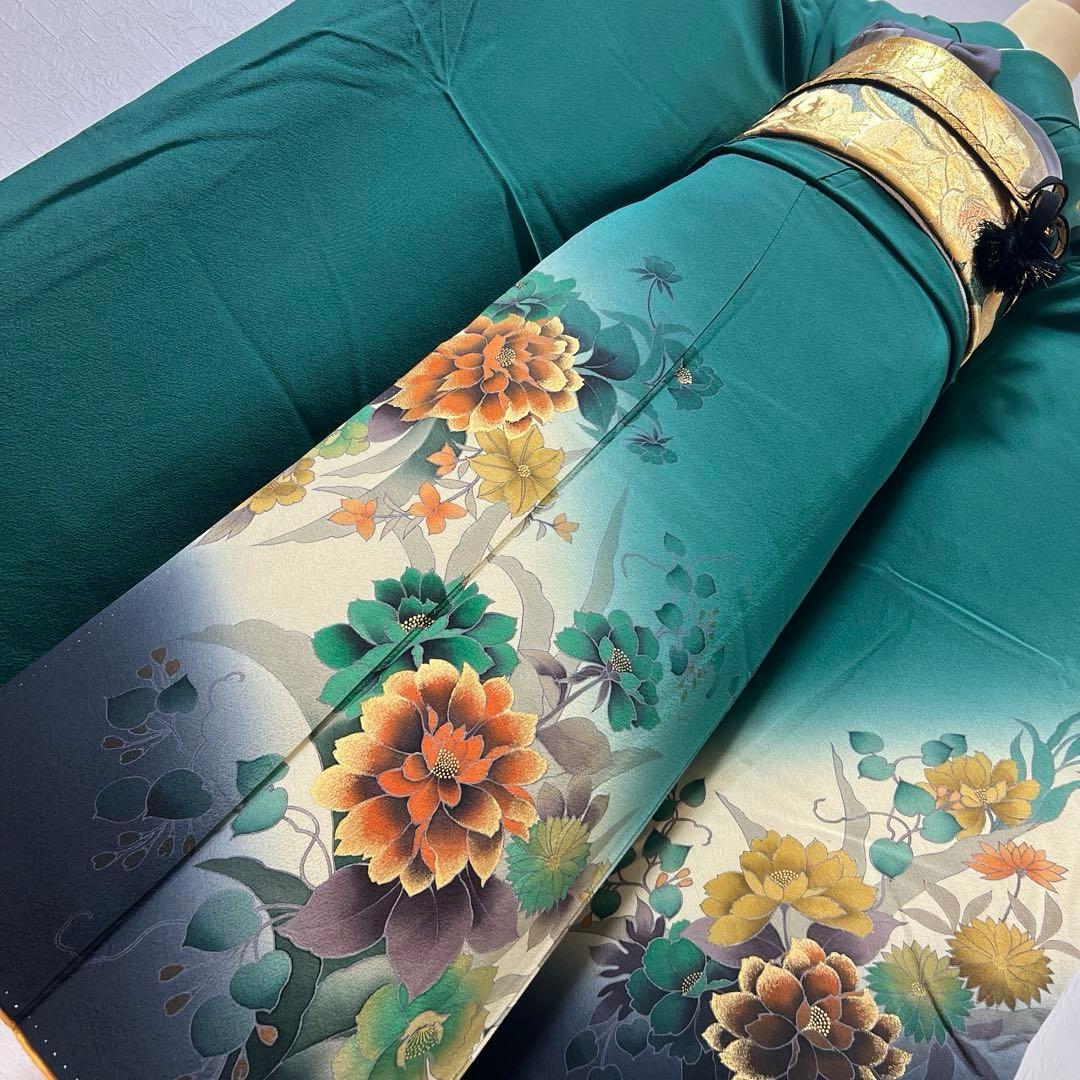 488 振袖フルセット 正絹 深緑 グリーン 金彩 暈し染め シック シンプル