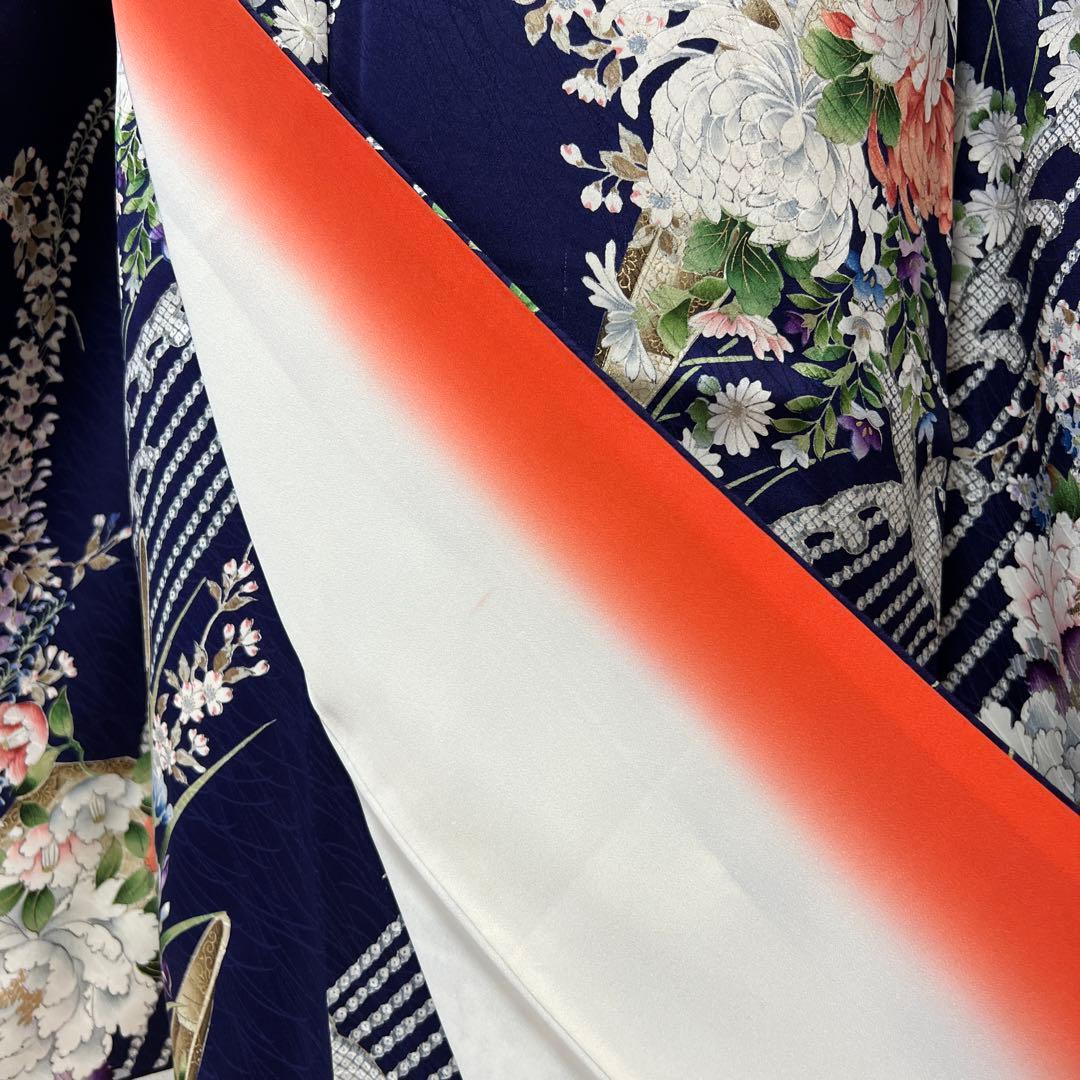 400 振袖フルセット 正絹 紺 ネイビー 紫 金彩 手描き 総柄 華やか 小紋